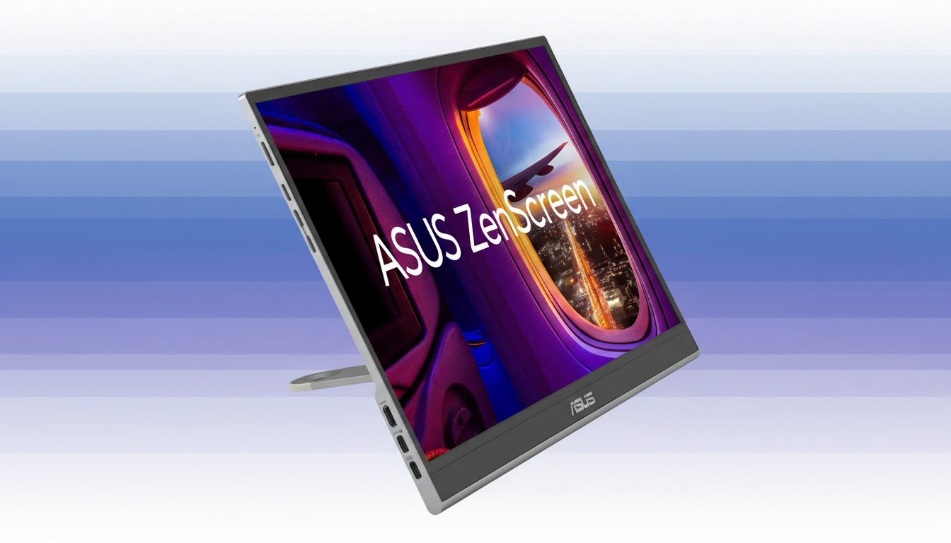 An ASUS ZenScreen portable monitor displayed at an angle, showing an airplane window view on its screen, set against a professional flat design background with soft blue and purple horizontal gradient stripes.