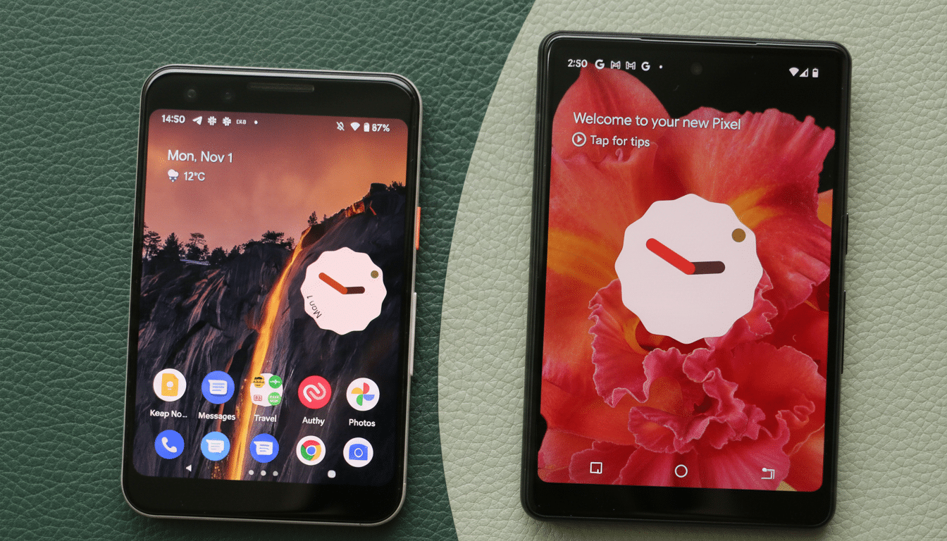 Two Google Pixel phones are displayed side-by-side on a green and light green textured surface. The phone on the left shows a lock screen with a waterfall wallpaper and a clock widget. The phone on the right displays a Welcome to your new Pixel message over a floral background.