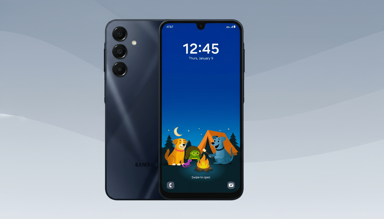 A dark blue Samsung smartphone is displayed at a 16:9 aspect ratio. The phones screen shows a whimsical camping scene with cartoon animals around a campfire. The background is a professional flat design with soft gray gradients and subtle patterns.