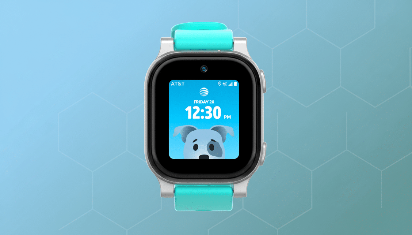 A white and teal smart watch with a blue screen displaying the time 12:30 PM and a cartoon dog face, set against a professional blue background with a subtle hexagonal pattern.