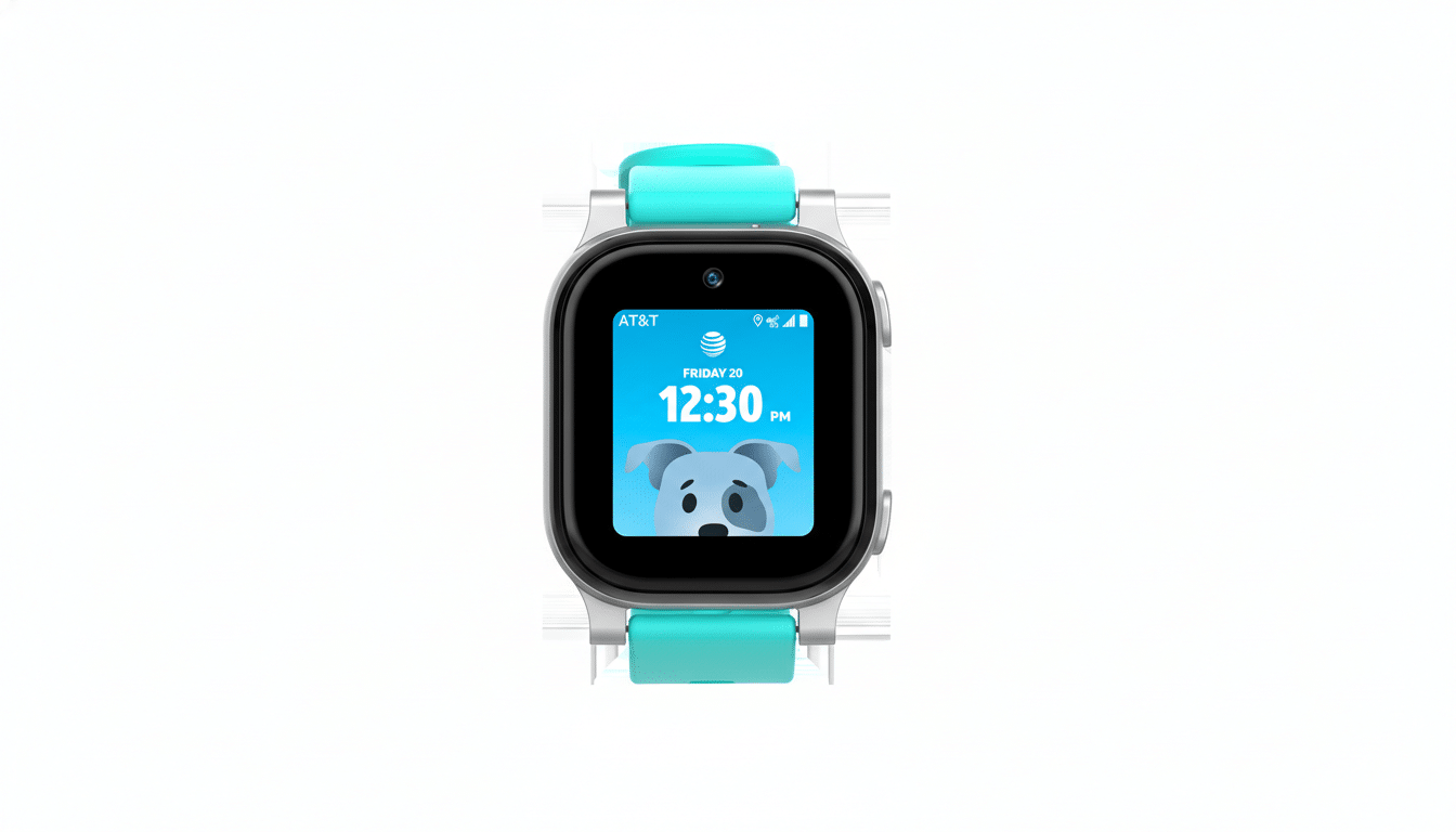 A white and teal AT&T smartwatch displaying the time 12:30 PM and a cartoon dog face on a light blue screen, set against a clean white background.