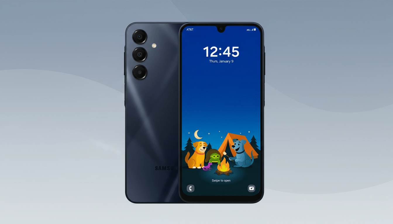 A dark blue Samsung smartphone is displayed in a 16:9 aspect ratio. The front of the phone shows a lock screen with a cartoon image of animals camping, while the back of the phone is visible behind it. The background is a professional flat design with soft gray gradients and subtle wave patterns.