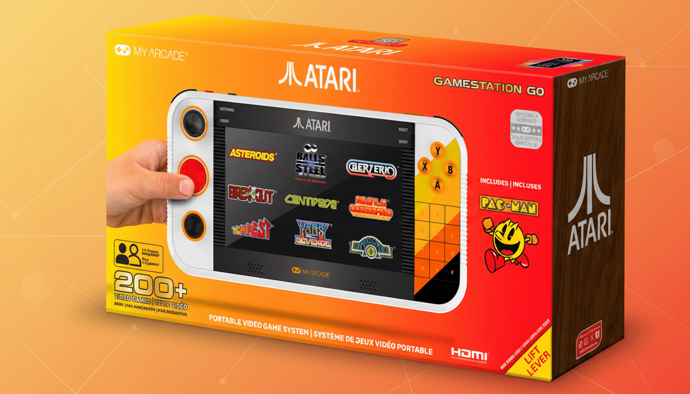 A 16:9 aspect ratio image of an Atari Gamestation Go box, featuring a hand holding the portable console, with a professional flat design background.