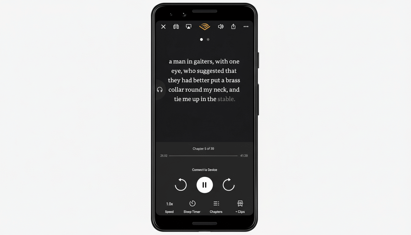 A smartphone displaying the Audible app with an audiobook playing, showing text and controls.