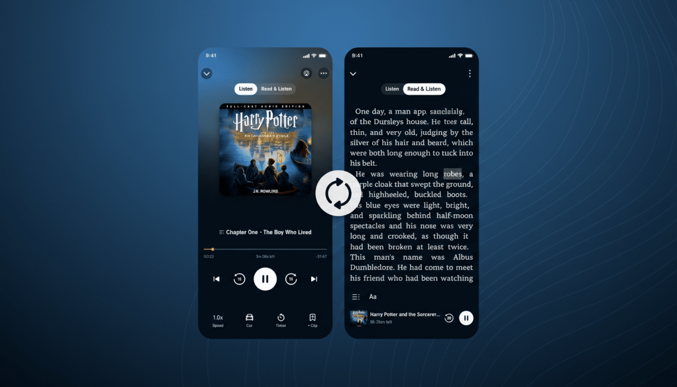 A 16:9 aspect ratio image showing two mobile phone screens side-by-side, displaying an audiobook app. The left screen shows the Harry Potter audiobook cover and playback controls, while the right screen shows the text version of the book with a Read & Listen toggle highlighted. The background is a professional flat design with soft patterns.