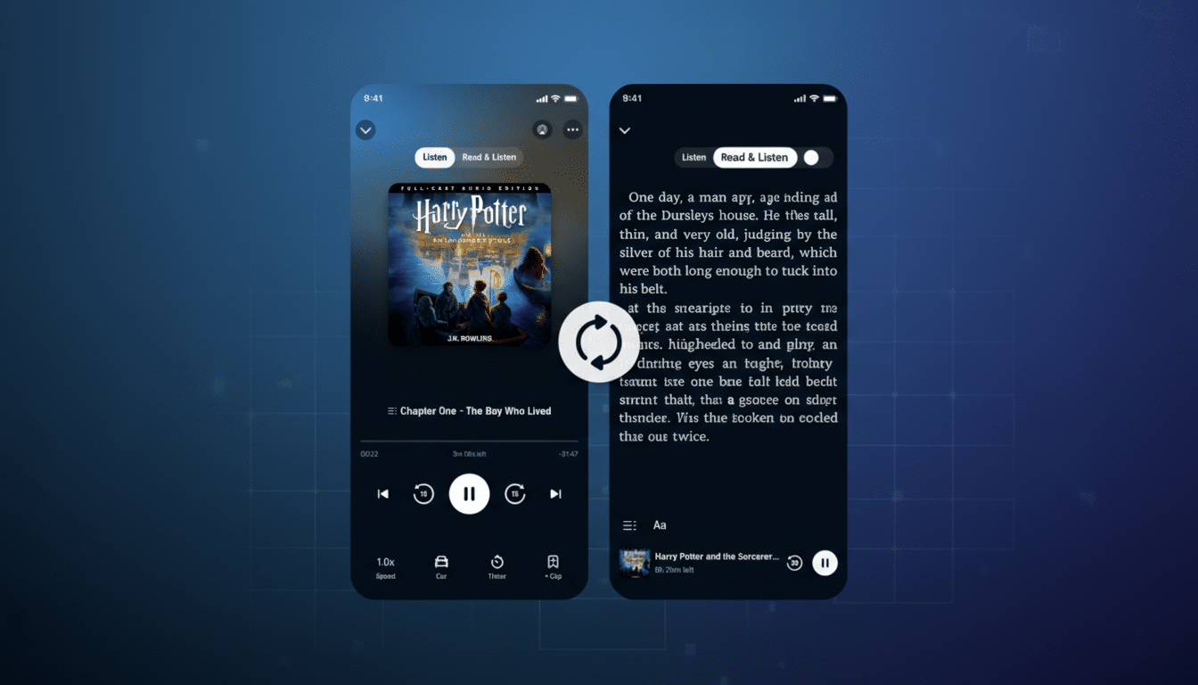 Audible app Read & Listen synchronized reading with highlighted text and audio controls