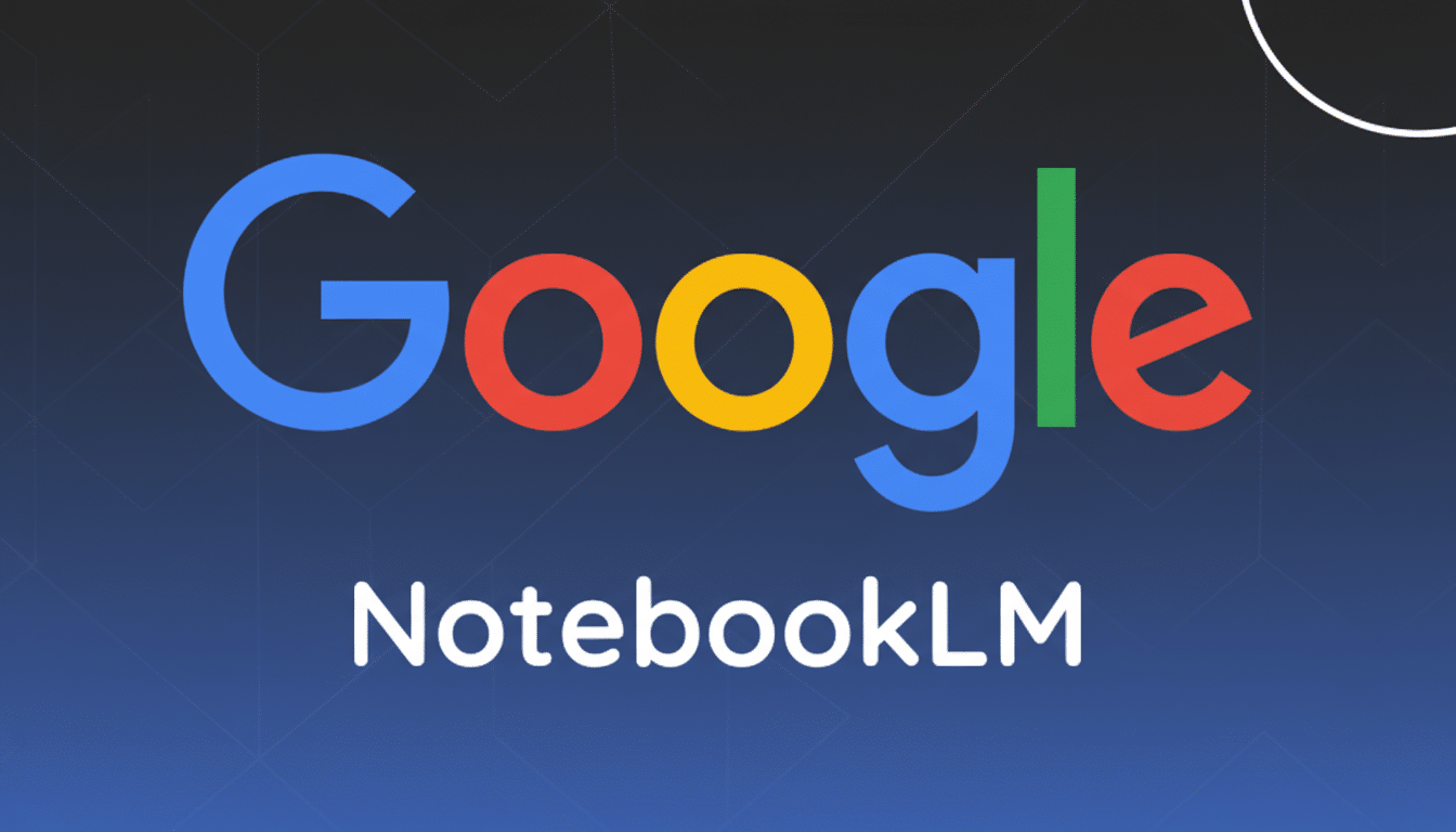 The Google NotebookLM logo, featuring the colorful Google text above NotebookLM in white, set against a professional dark blue gradient background with subtle geometric patterns.
