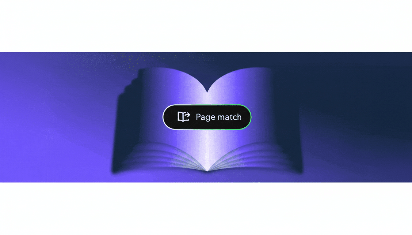 A 16:9 aspect ratio image featuring an open book with glowing pages against a dark purple background, with a Page match button in the center.