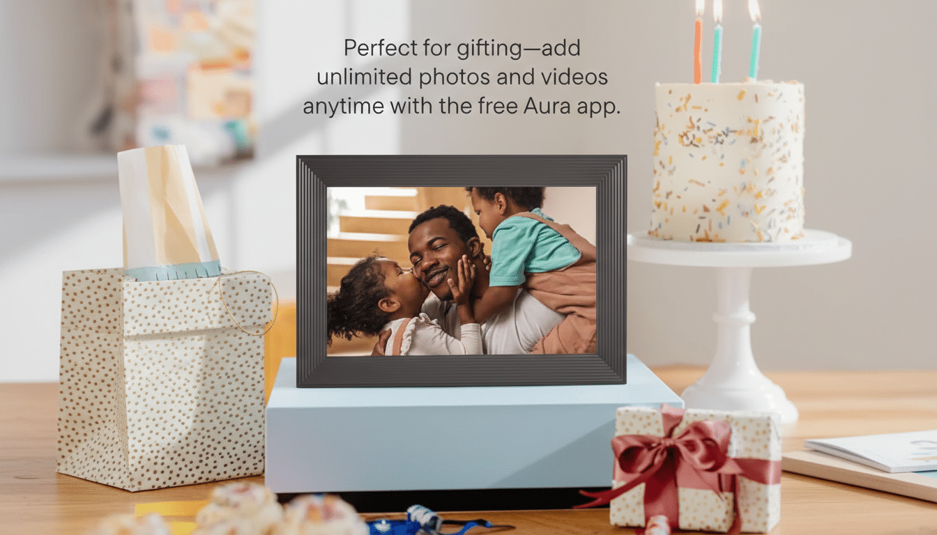 A digital photo frame displaying a family photo, surrounded by birthday decorations and gifts, with text overlay Perfect for gifting—add unlimited photos and videos anytime with the free Aura app.