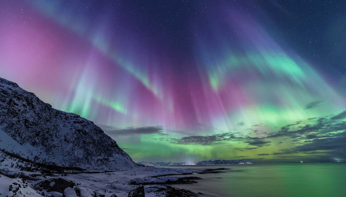 A vibrant aurora borealis with streaks of pink, purple, and green light up a starry night sky over a snow-covered mountain and calm body of water.