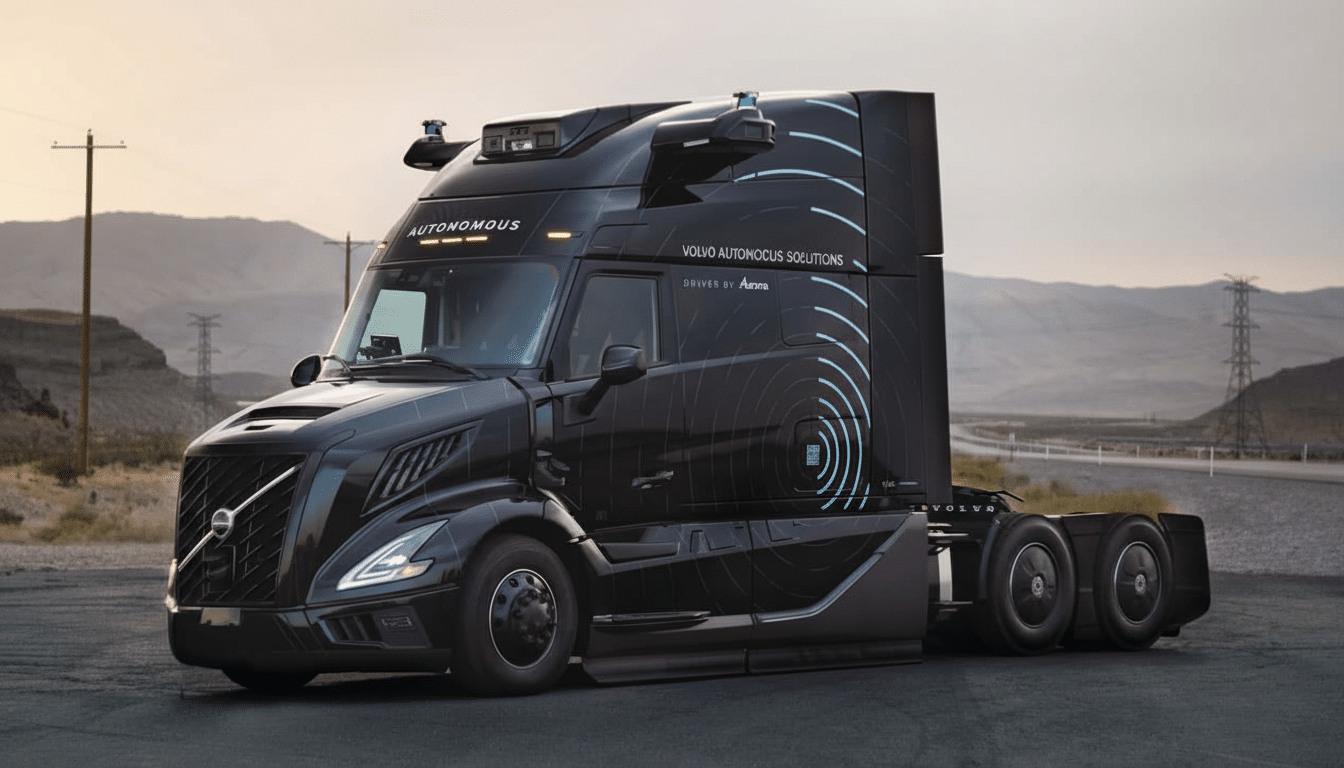 A black Volvo autonomous truck with AUTONOMOUS and VOLVO AUTONOMOUS SOLUTIONS written on its side, parked on an asphalt road with mountains and power lines in the background under a clear sky.