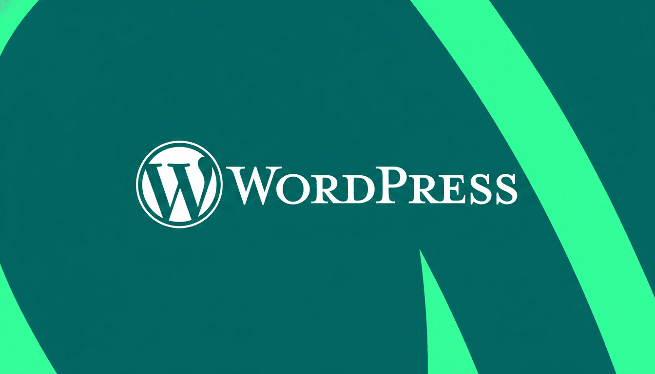 The WordPress logo and wordmark in white against a teal background with lighter teal abstract shapes.