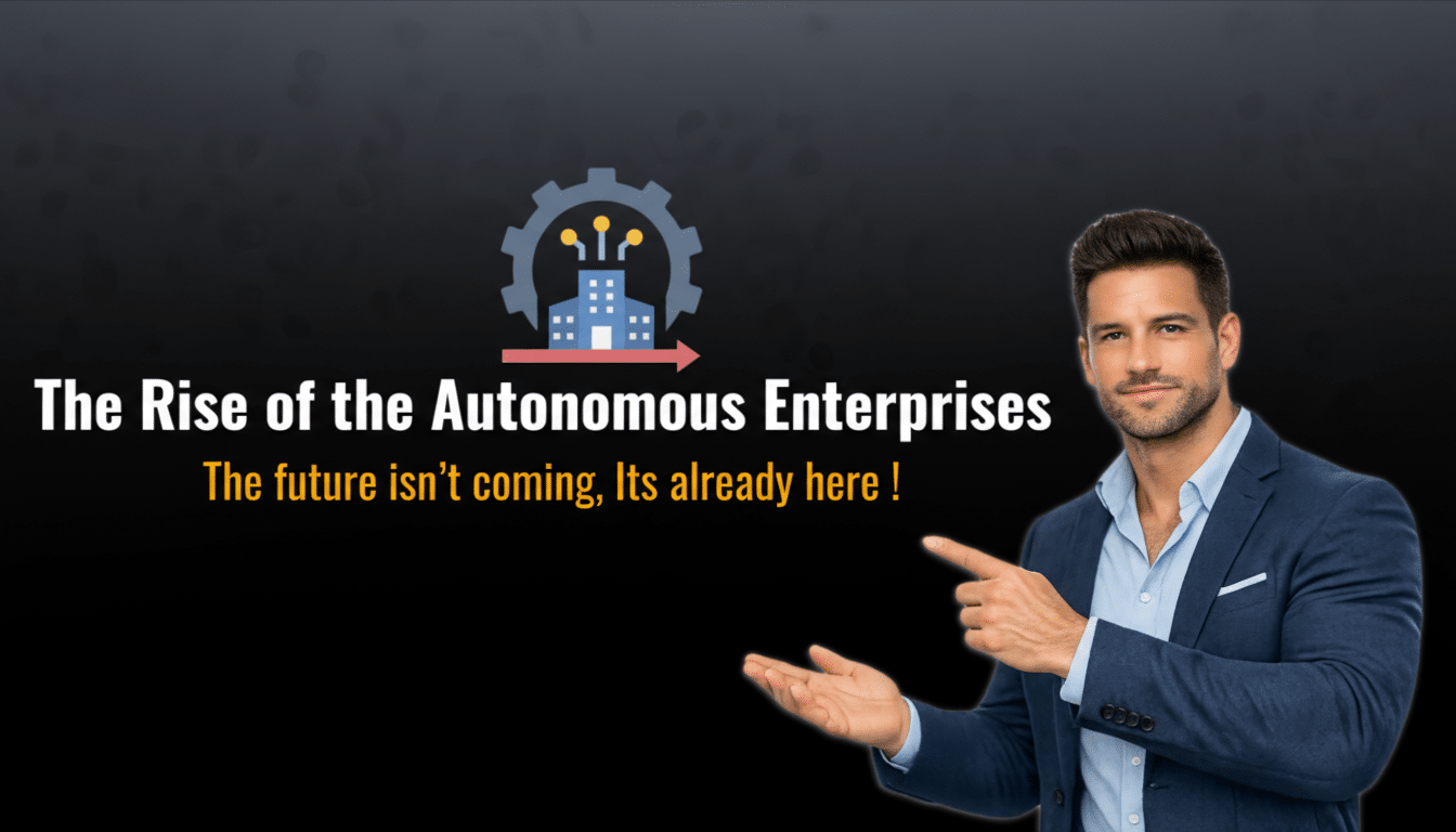 A man in a blue suit jacket and light blue shirt points to the left, where text reads The Rise of the Autonomous Enterprises and The future isnt coming, Its already here!. Above the text is an icon of a building with gears and an arrow. The background is dark gray.