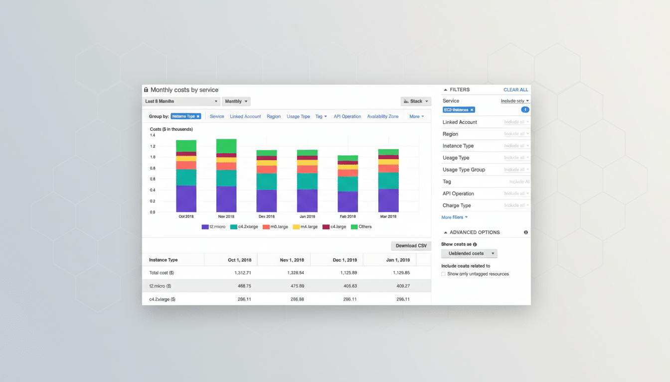 A professional dashboard displaying monthly costs by service, with a bar chart showing costs in thousands from October 2018 to March 2019, broken down by instance type. Below the chart is a table detailing total costs and costs for specific instance types for the same period. The dashboard is set against a clean, light gray background with subtle geometric patterns.