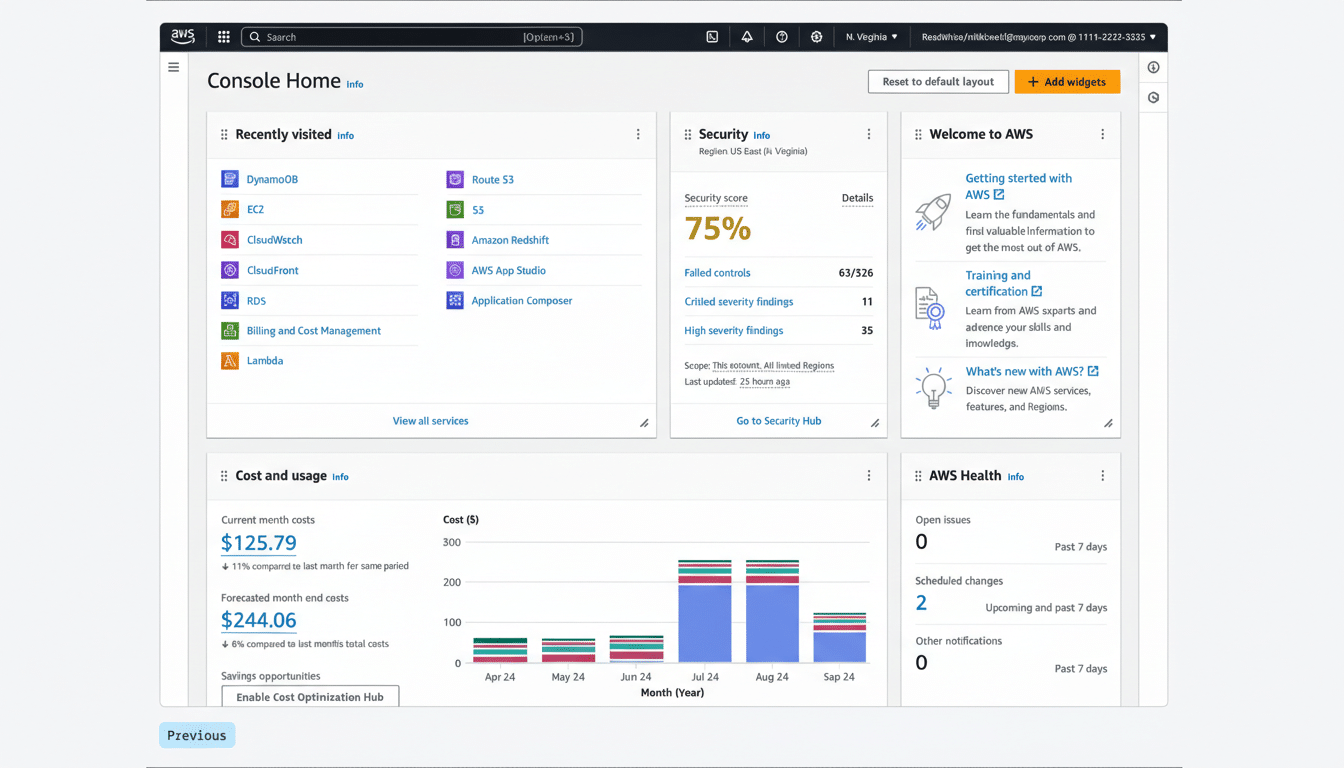 A screenshot of the AWS Console Home dashboard, displaying various widgets including recently visited services, security information with a 75% security score, welcome to AWS section, cost and usage data with a bar chart, and AWS Health information.