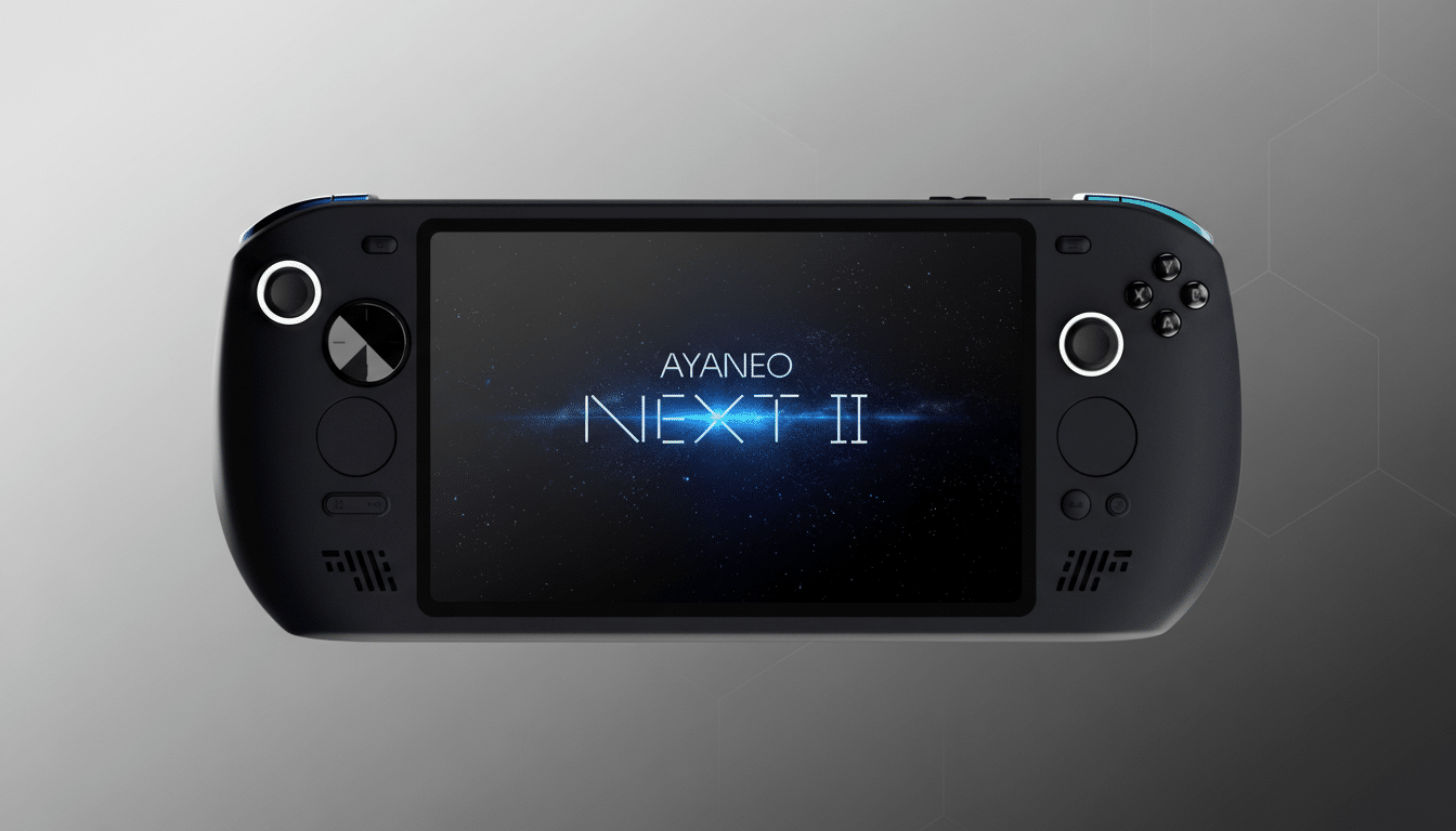 A black AYANEO NEXT II handheld gaming PC with a glowing blue screen, set against a professional flat gray background with subtle geometric patterns.