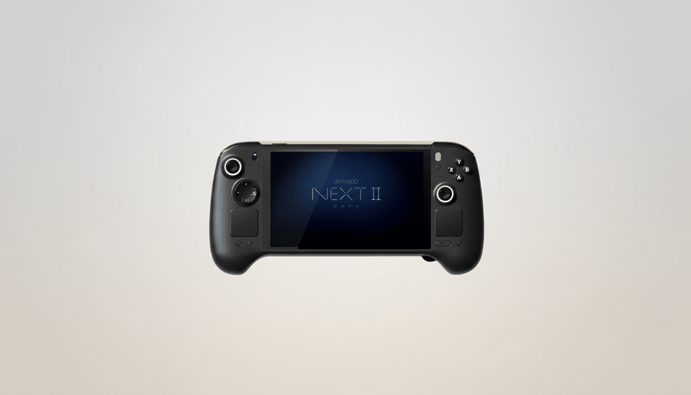 A black handheld gaming console with a screen displaying AYANEO NEXT II in blue text, set against a professional light gray background with subtle gradients.