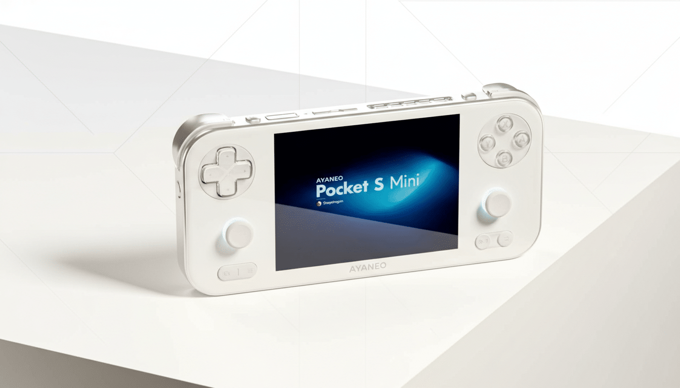 A white AYANEO Pocket S Mini handheld gaming console with a black screen displaying AYANEO Pocket S Mini Snapdragon in blue and white text, resting on a white surface with geometric angles.