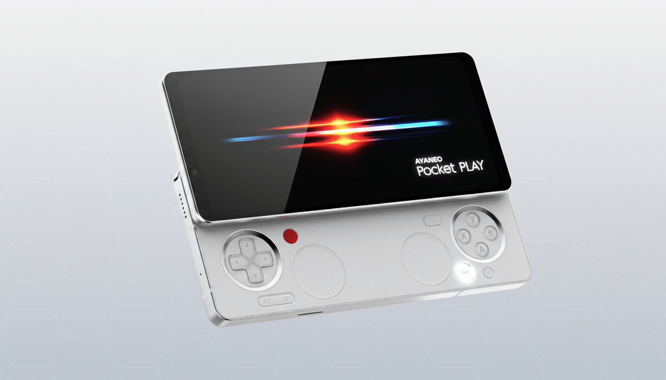 A white AYANEO Pocket Play handheld gaming device with a black screen displaying a colorful light streak logo, set against a subtle grey geometric background.