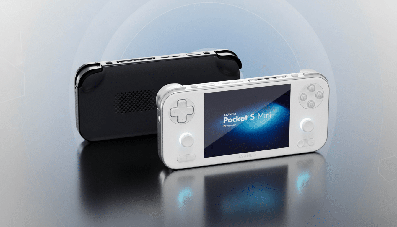 A white AYANEO Pocket S Mini handheld gaming console with a black console behind it, set against a professional flat design background with soft patterns and gradients.