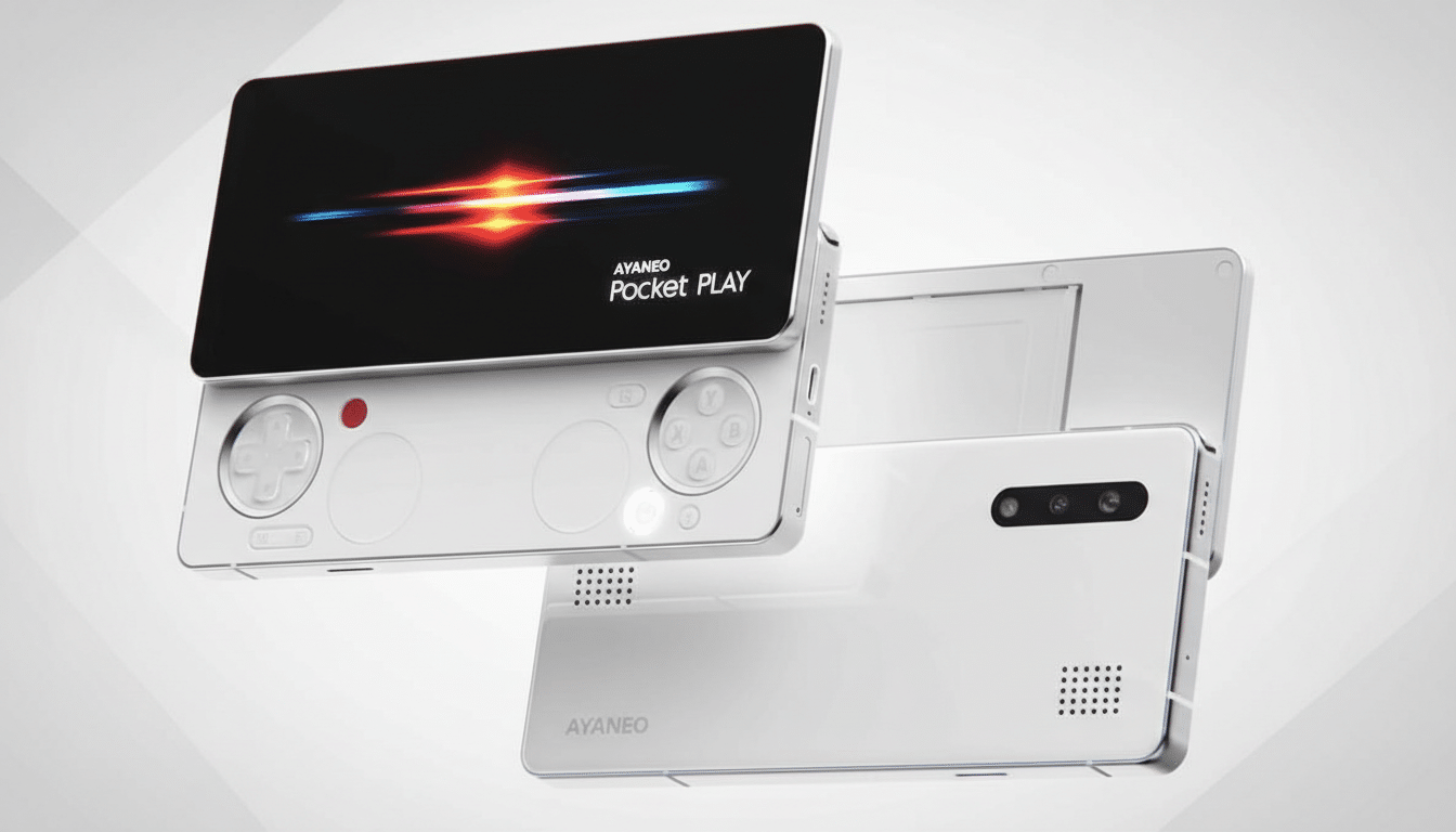 A white AYANEO Pocket Play handheld gaming device with a black screen displaying a colorful light effect, presented on a professional gray gradient background.