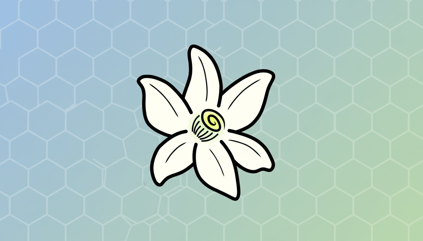 A white flower with a yellow and green center, outlined in black, set against a professional flat design background with soft blue and green gradients and a subtle hexagonal pattern.