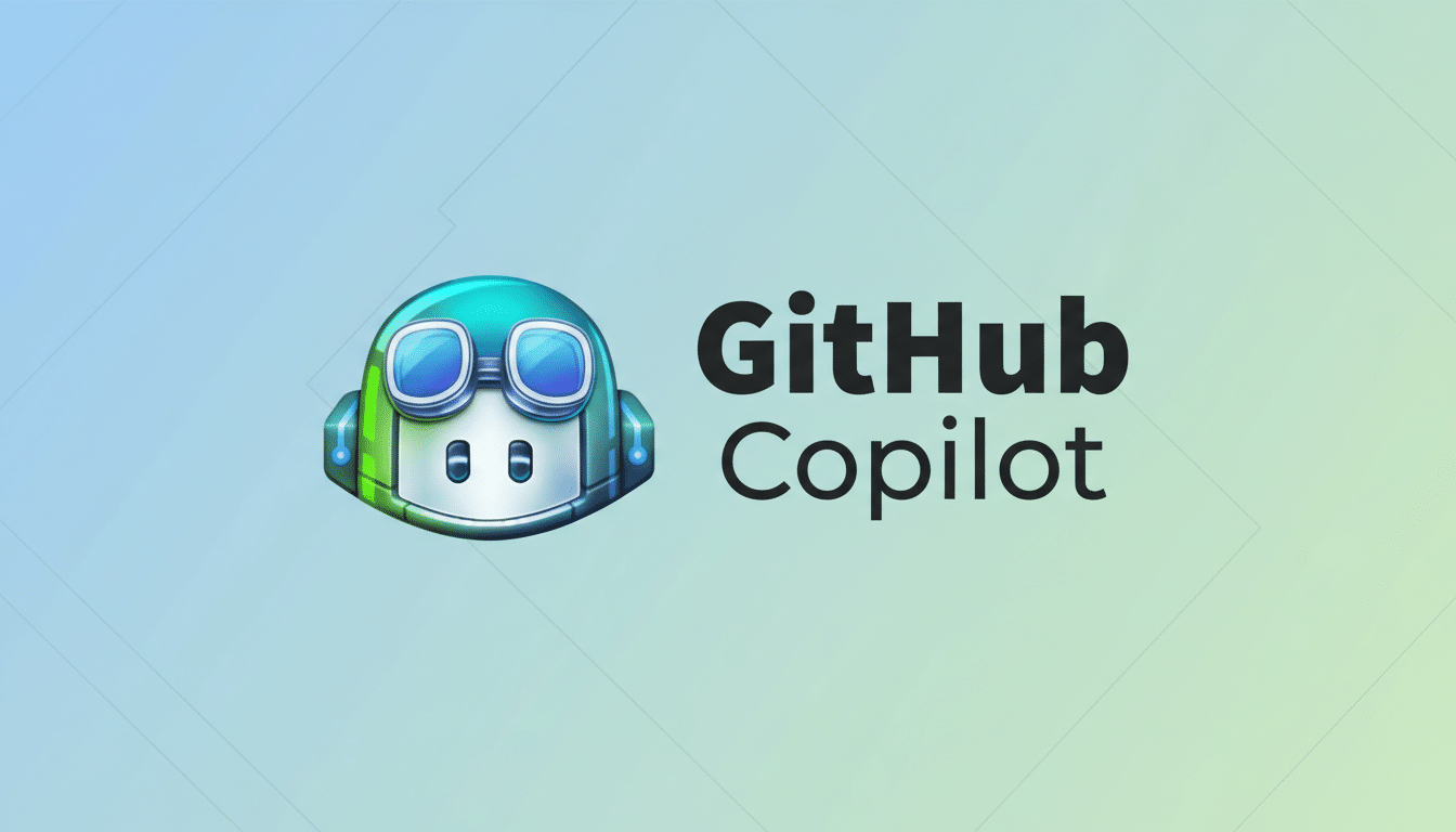 The GitHub Copilot logo, featuring a stylized teal and green robot head with goggles, next to the words GitHub Copilot in black text, all set against a professional light blue and green gradient background with subtle geometric patterns.