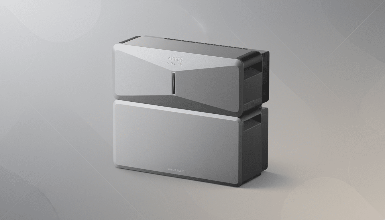 A professional, enhanced image of an Anker Solix power bank, resized to a 16:9 aspect ratio with a clean, soft gradient background.