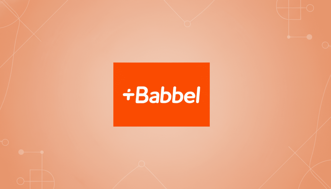 The Babbel logo, featuring the word Babbel in white with a plus sign and a division symbol integrated into the first b, centered on an orange rectangle. The background is a soft peach gradient with subtle geometric line patterns, presented in a 16:9 aspect ratio.