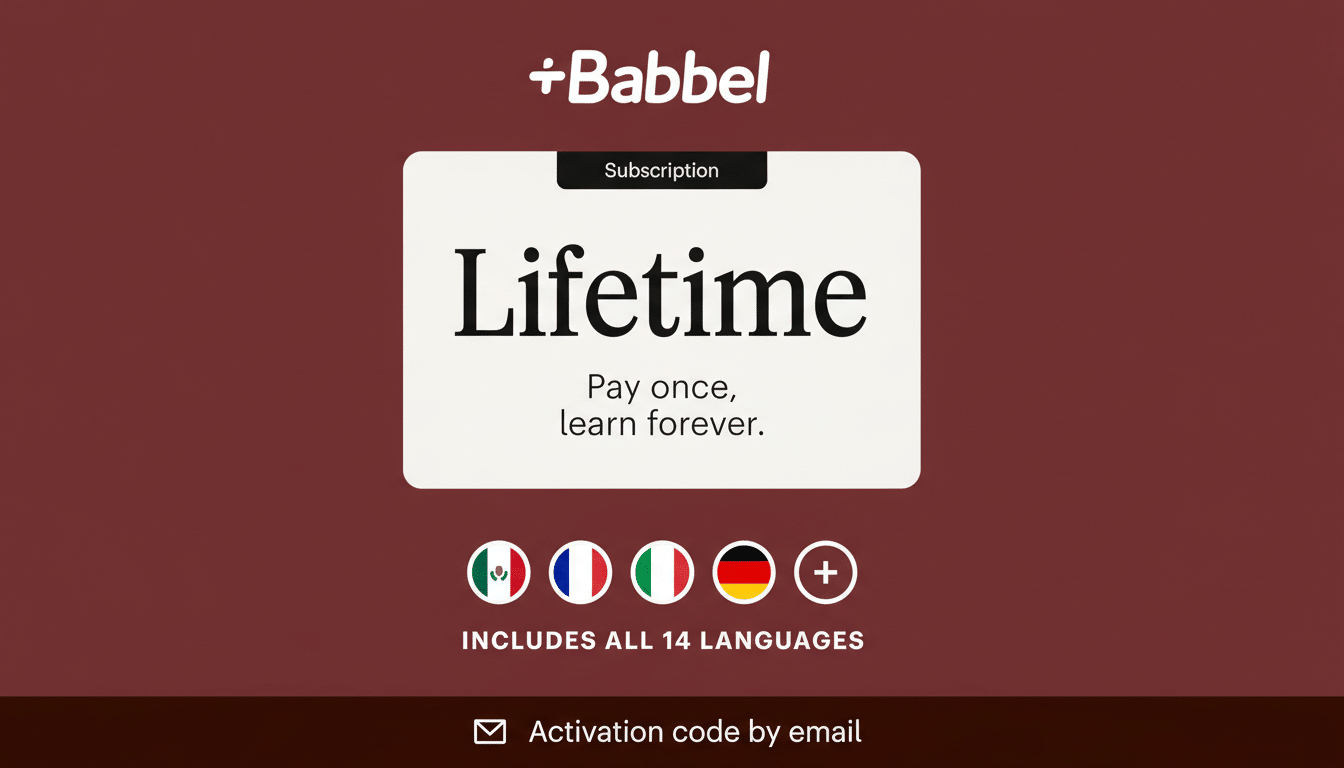 A 16:9 aspect ratio image of a Babbel Lifetime subscription advertisement. The background is a solid reddish-brown. In the center, a white rectangular card with rounded corners displays Lifetime in large black letters, with Subscription in a smaller black banner above it. Below Lifetime it reads Pay once, learn forever. Below the card, four circular flag icons (Mexico, France, Italy, Germany) are shown, followed by a plus sign in a circle, indicating INCLUDES ALL 14 LANGUAGES. At the bottom, a white envelope icon is next to the text Activation code by email. The Babbel logo is at the top center.