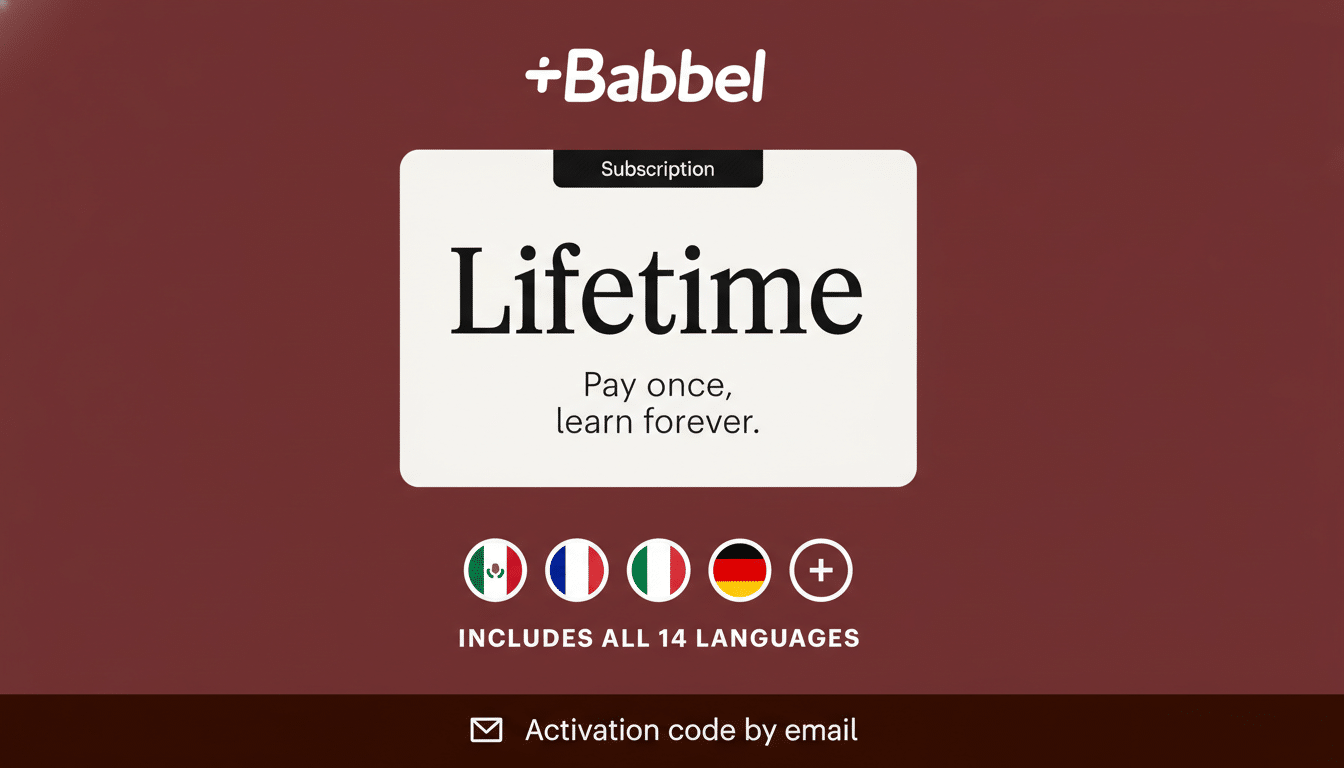 A 16:9 aspect ratio image of a Babbel Lifetime subscription advertisement. The background is a solid reddish-brown. In the center, a white rectangular card with rounded corners displays Lifetime in large black letters, with Subscription in a smaller black banner above it. Below Lifetime it reads Pay once, learn forever. At the bottom of the card, there are four circular flag icons (Mexico, France, Italy, Germany) and a plus sign icon, with the text INCLUDES ALL 14 LANGUAGES below them. At the very top of the image, the Babbel logo is displayed in white. At the very bottom, a white envelope icon is next to the text Activation code by email.