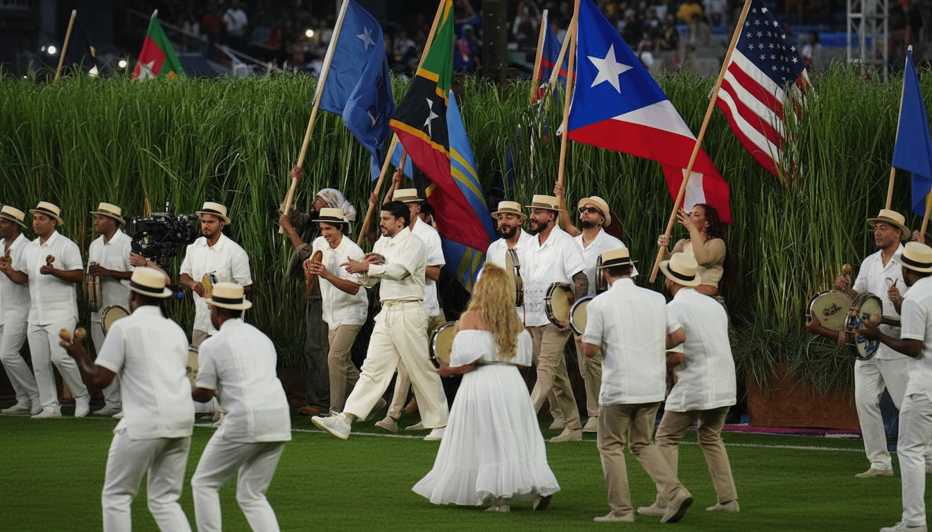 A group of people in white and tan outfits, some holding flags and others playing drums, are performing on a grassy field.