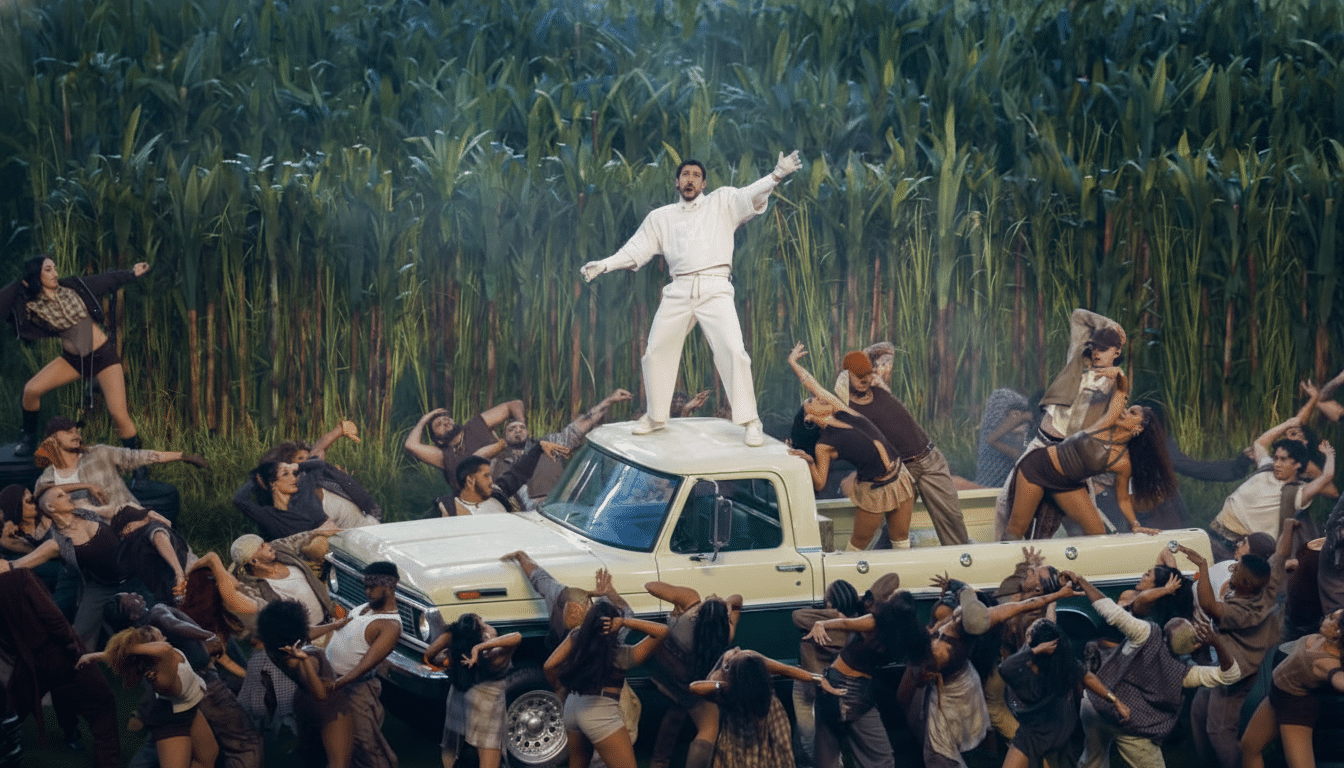 Bad Bunny performing on a white pickup truck surrounded by dancers in a cornfield, resized to a 16:9 aspect ratio.