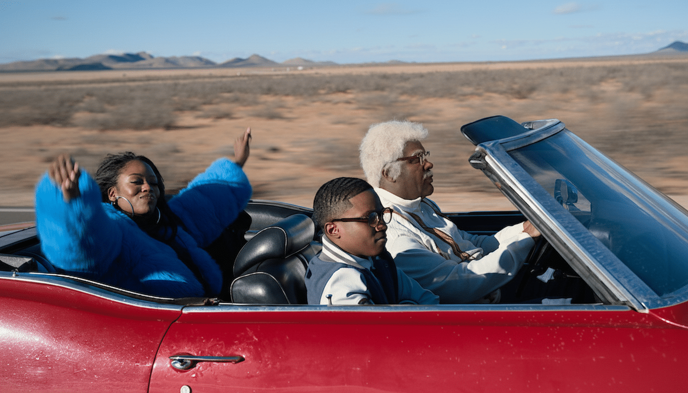 Three people in a red convertible driving through a desert landscape.