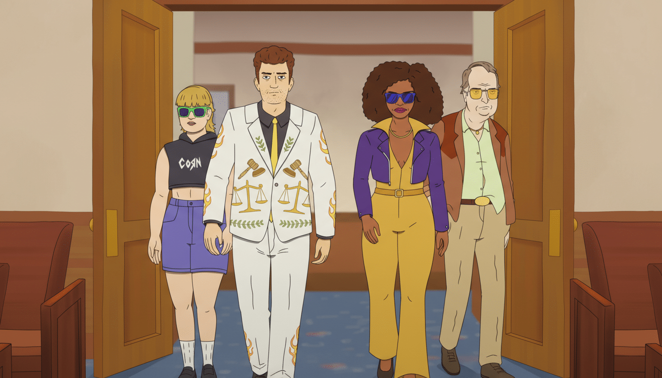Four animated characters, two men and two women, walk forward through an open doorway into a room with wooden chairs.