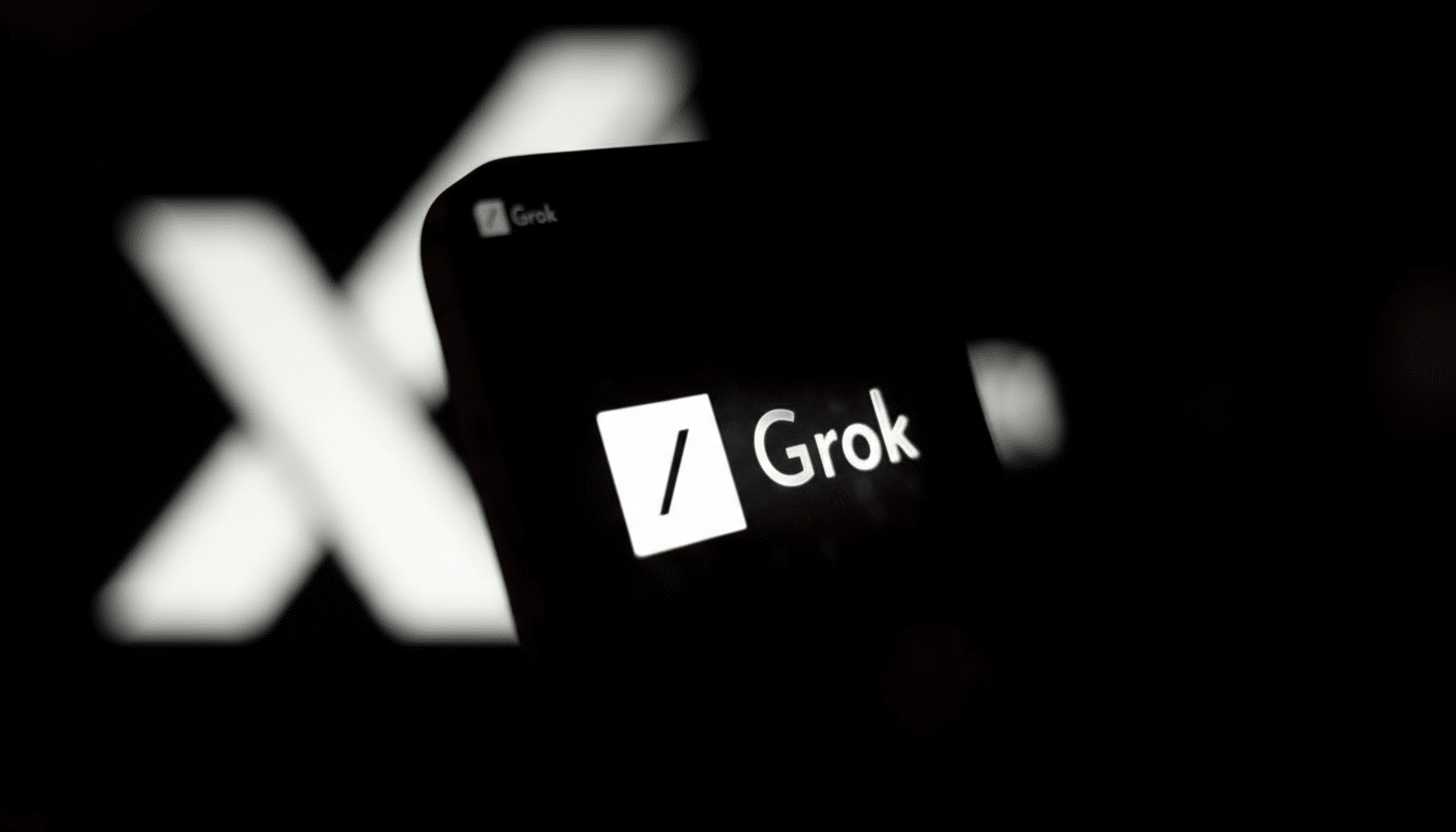 A close-up shot of a smartphone screen displaying the Grok AI logo and name, with a blurred X logo in the background.