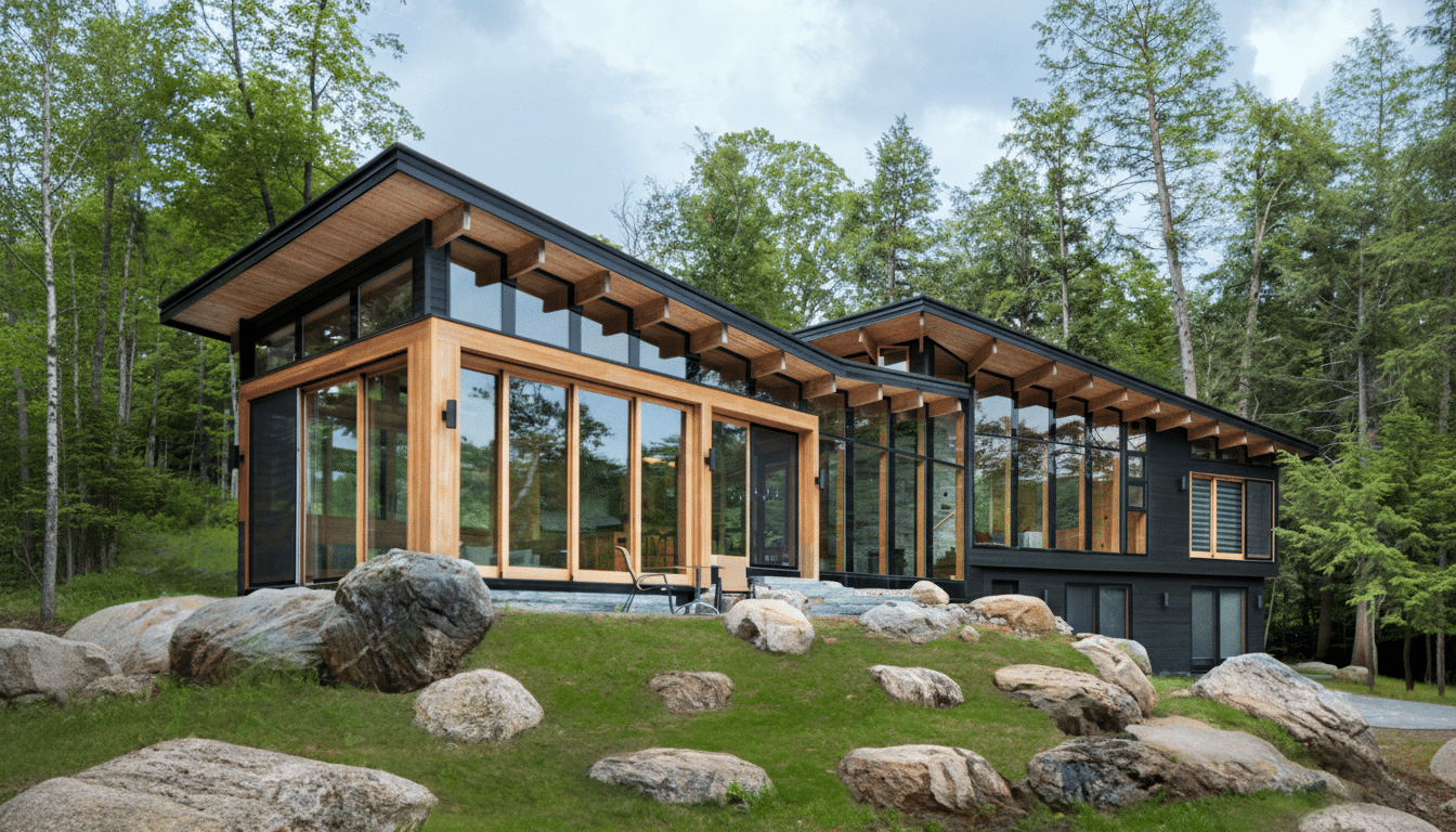 A modern house with large windows and a wooden frame, surrounded by trees and rocks, resized to a 16:9 aspect ratio.