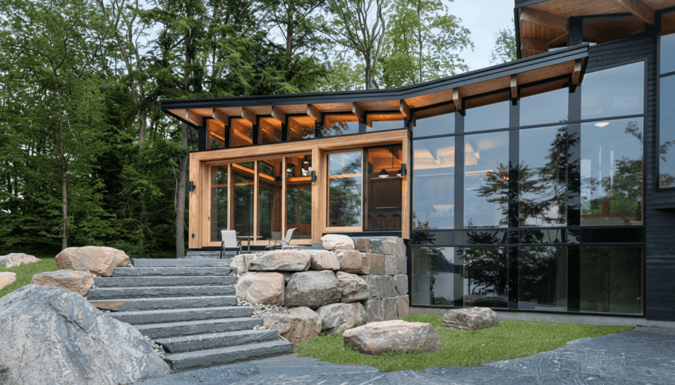 A modern house with large windows and wooden accents, surrounded by trees and rocks, resized to a 16:9 aspect ratio.