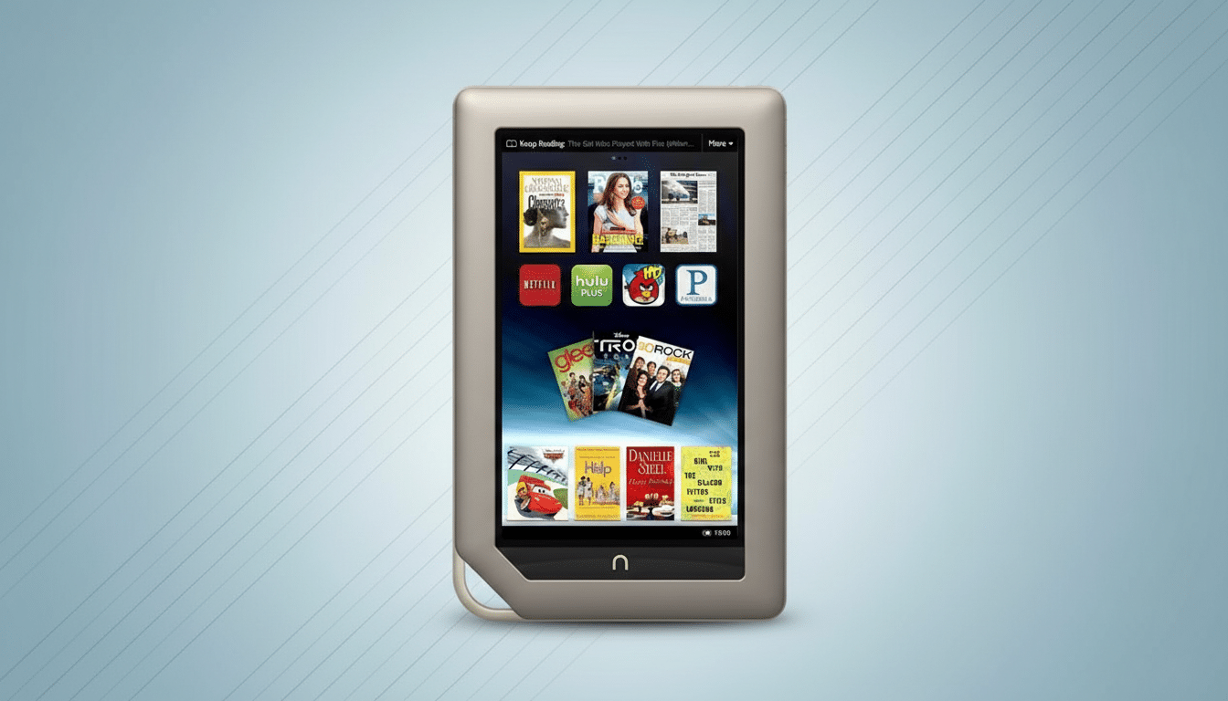 A Nook tablet displaying various app icons and book covers, set against a professional light blue background with subtle diagonal lines.
