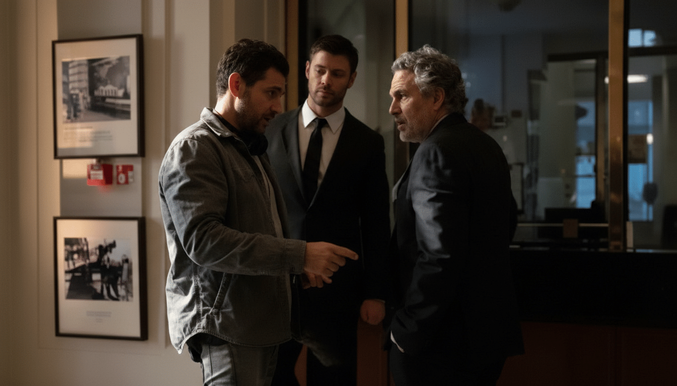 Three men in a professional setting, two in suits and one in a casual jacket, engaged in conversation.