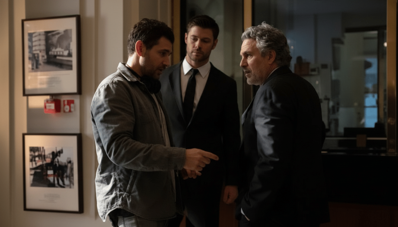Three men in a room, two in suits and one in a casual jacket, engaged in conversation.