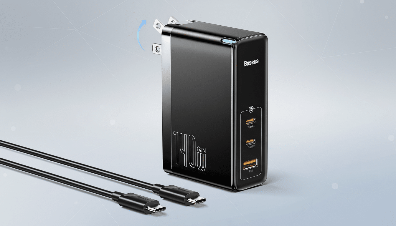 A black Baseus 140W GaN charger with two USB-C ports and one USB-A port, shown with two black USB-C to USB-C cables, against a professional flat design background with soft patterns.