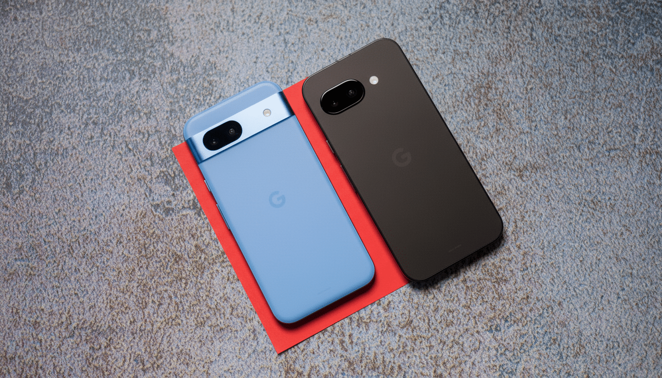 Two Google Pixel phones, one light blue and one black, are displayed on a textured gray surface with a red paper underneath.