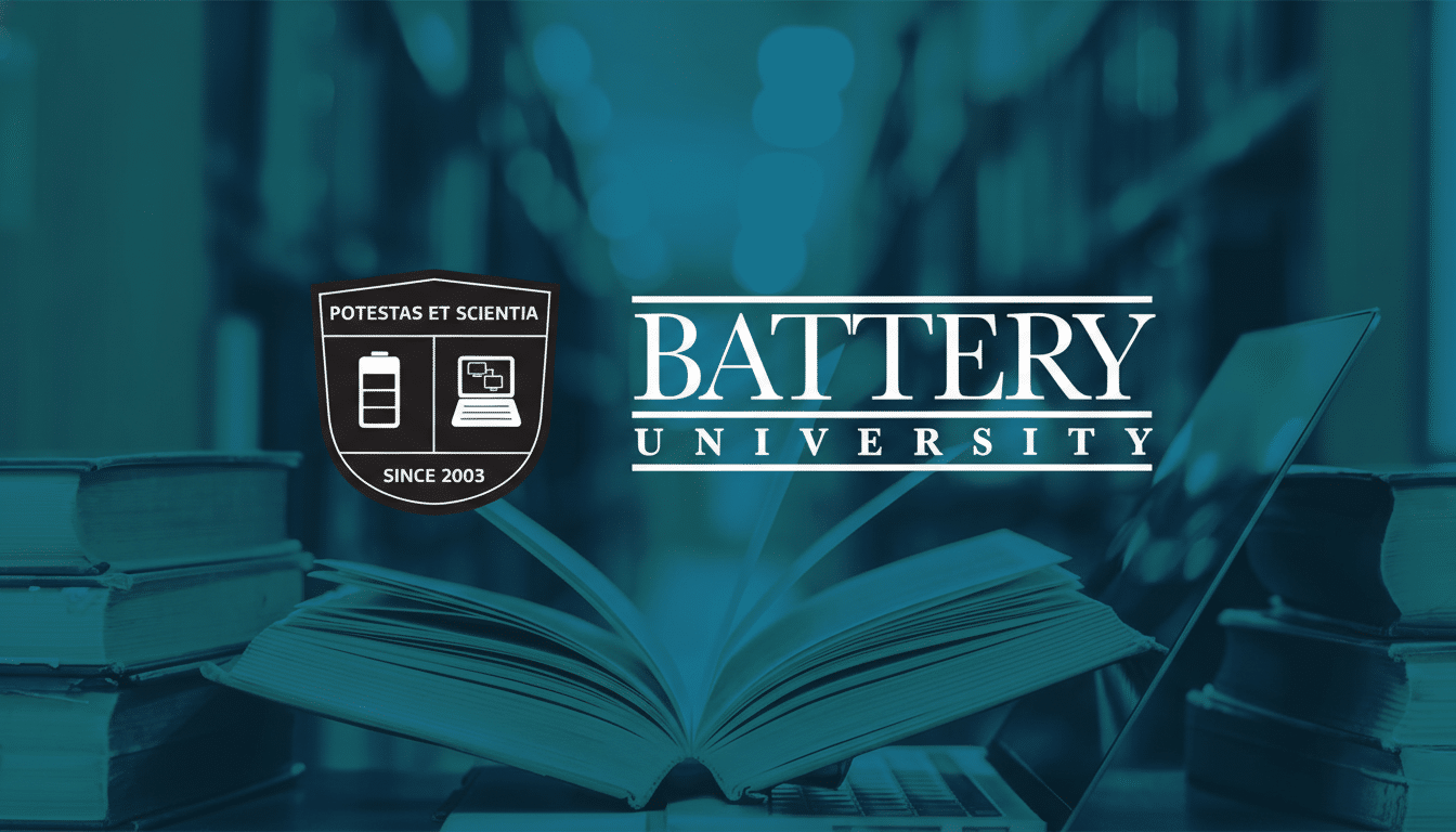 The Battery University logo and emblem are displayed over a blurred background of books and a laptop, resized to a 16:9 aspect ratio.