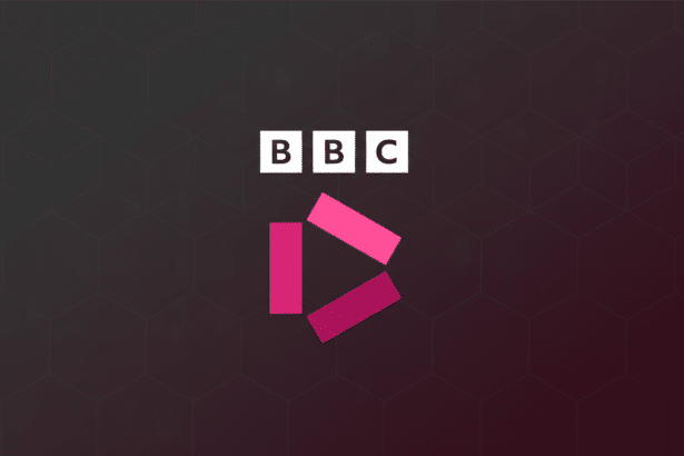 The BBC logo with three white squares containing the letters B, B, and C, positioned above a stylized pink and magenta play button icon, all set against a dark, subtly patterned background with a gradient.