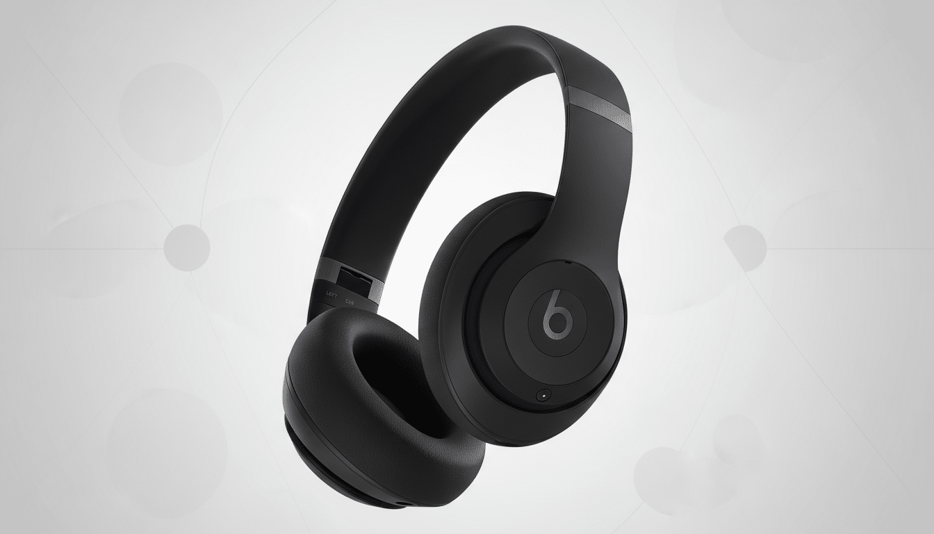 A pair of matte black Beats Studio3 Wireless headphones, angled slightly, with the b logo visible on the right ear cup, set against a professional light gray background with subtle geometric patterns.