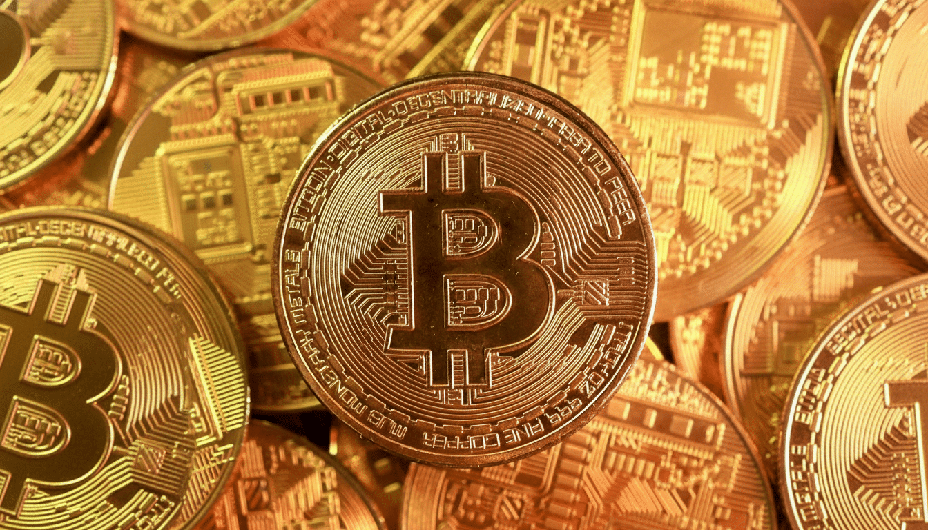 A close-up, professionally enhanced image of a golden Bitcoin coin, resized to a 16:9 aspect ratio, surrounded by other golden Bitcoin coins.