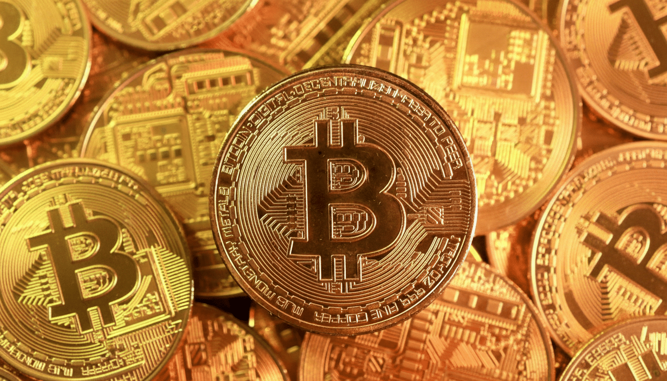 A close-up, professionally enhanced image of a golden Bitcoin coin, resized to a 16:9 aspect ratio, surrounded by other golden Bitcoin coins.