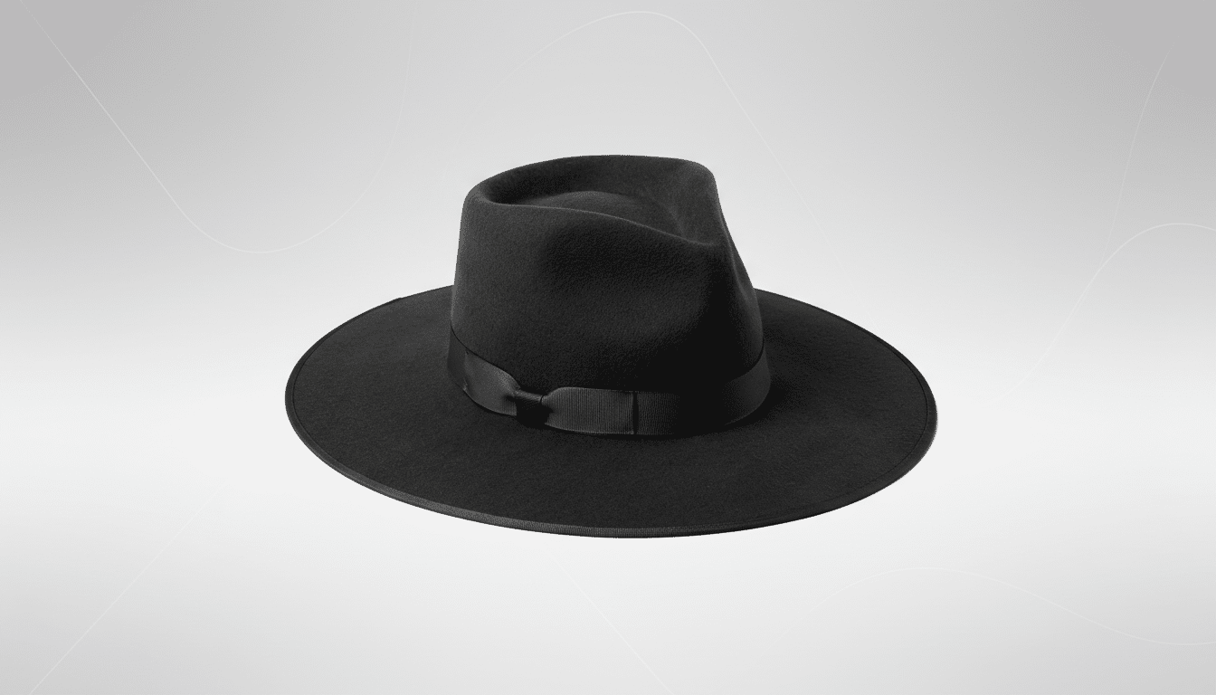 A black wide-brimmed fedora with a black ribbon band, presented on a professional light gray gradient background with subtle white wave patterns.
