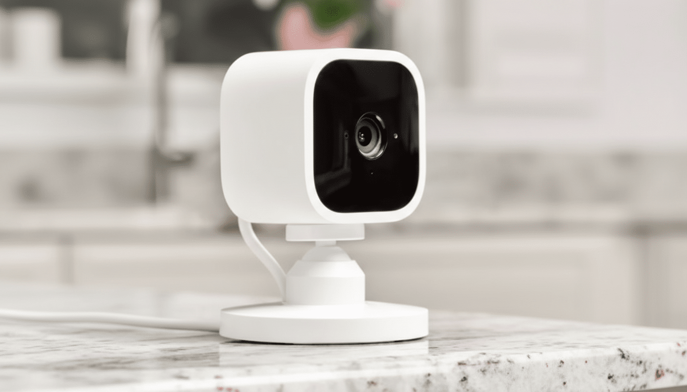 A white security camera with a black face and lens, sitting on a speckled countertop in a kitchen setting.